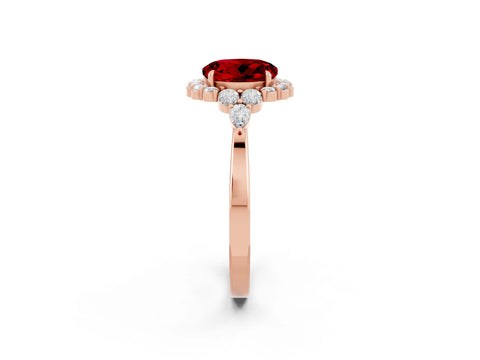 Rose gold Round Cut Ruby Halo Ring with Pear Side Stones and Prong Setting_14