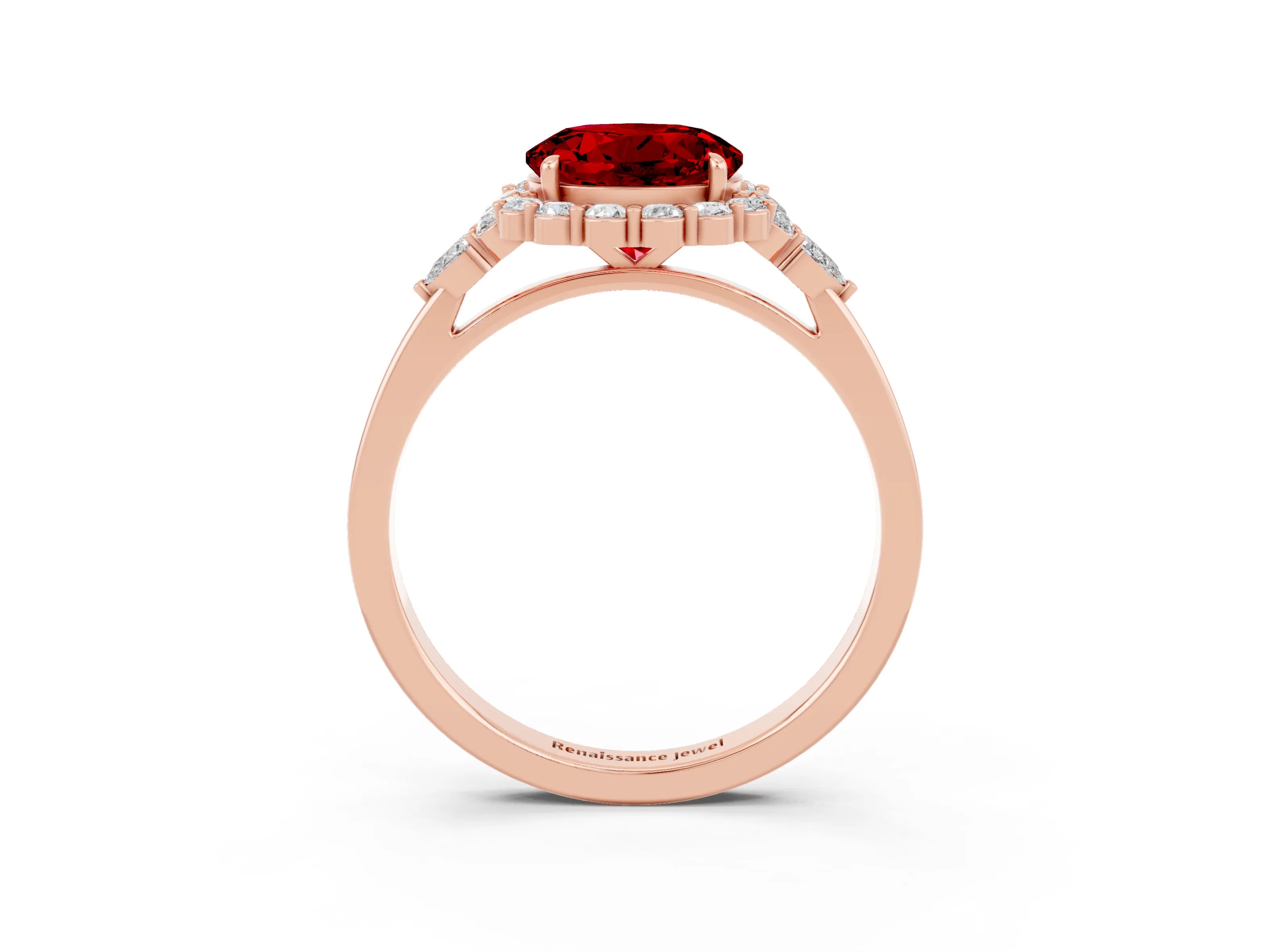 Rose gold Round Cut Ruby Halo Ring with Pear Side Stones and Prong Setting_15