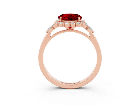 Rose gold Round Cut Ruby Halo Ring with Pear Side Stones and Prong Setting_15