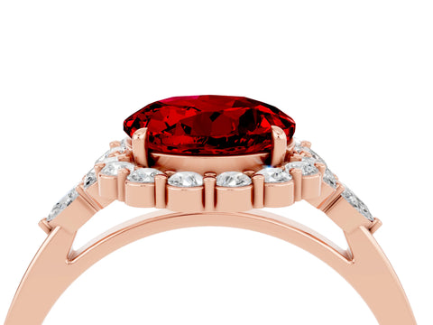 Rose gold Round Cut Ruby Halo Ring with Pear Side Stones and Prong Setting_16