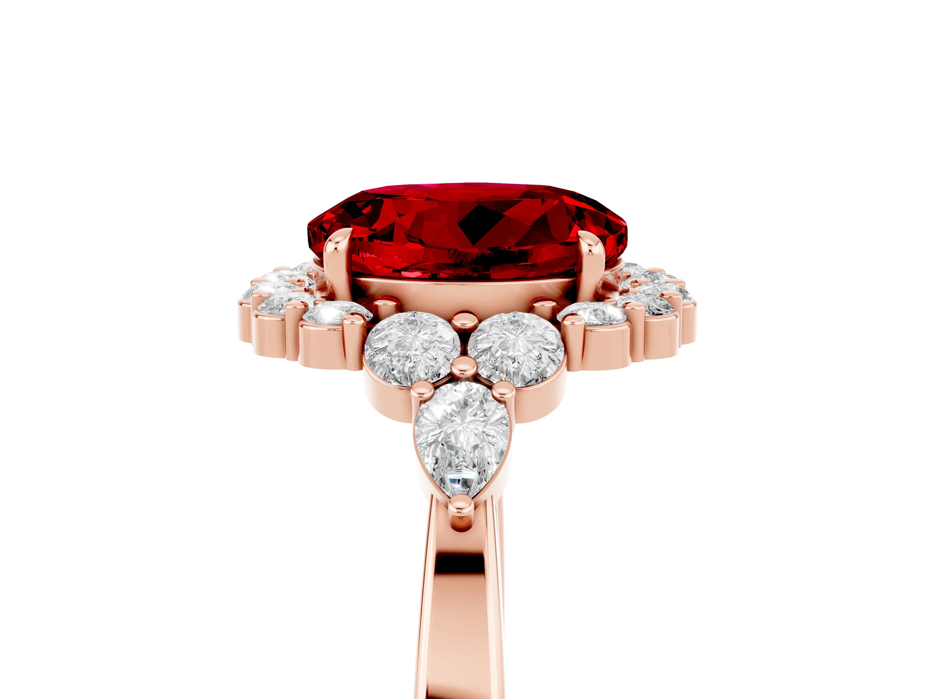 Rose gold Round Cut Ruby Halo Ring with Pear Side Stones and Prong Setting_17
