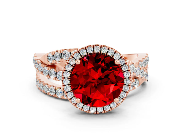Rose gold Round Cut Ruby Halo Ring with Round Split Shank and Prong Setting