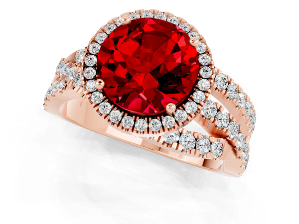 Rose gold Round Cut Ruby Halo Ring with Round Split Shank and Prong Setting