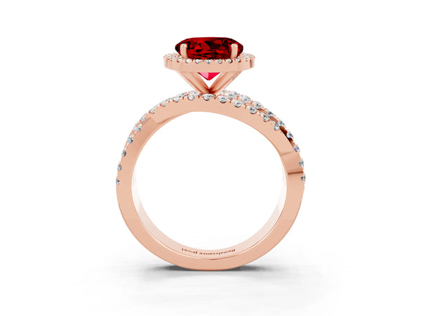 Rose gold Round Cut Ruby Halo Ring with Round Split Shank and Prong Setting