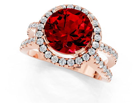 Rose gold Round Cut Ruby Halo Ring with Split Shank Pavé Band and Prong Setting_1