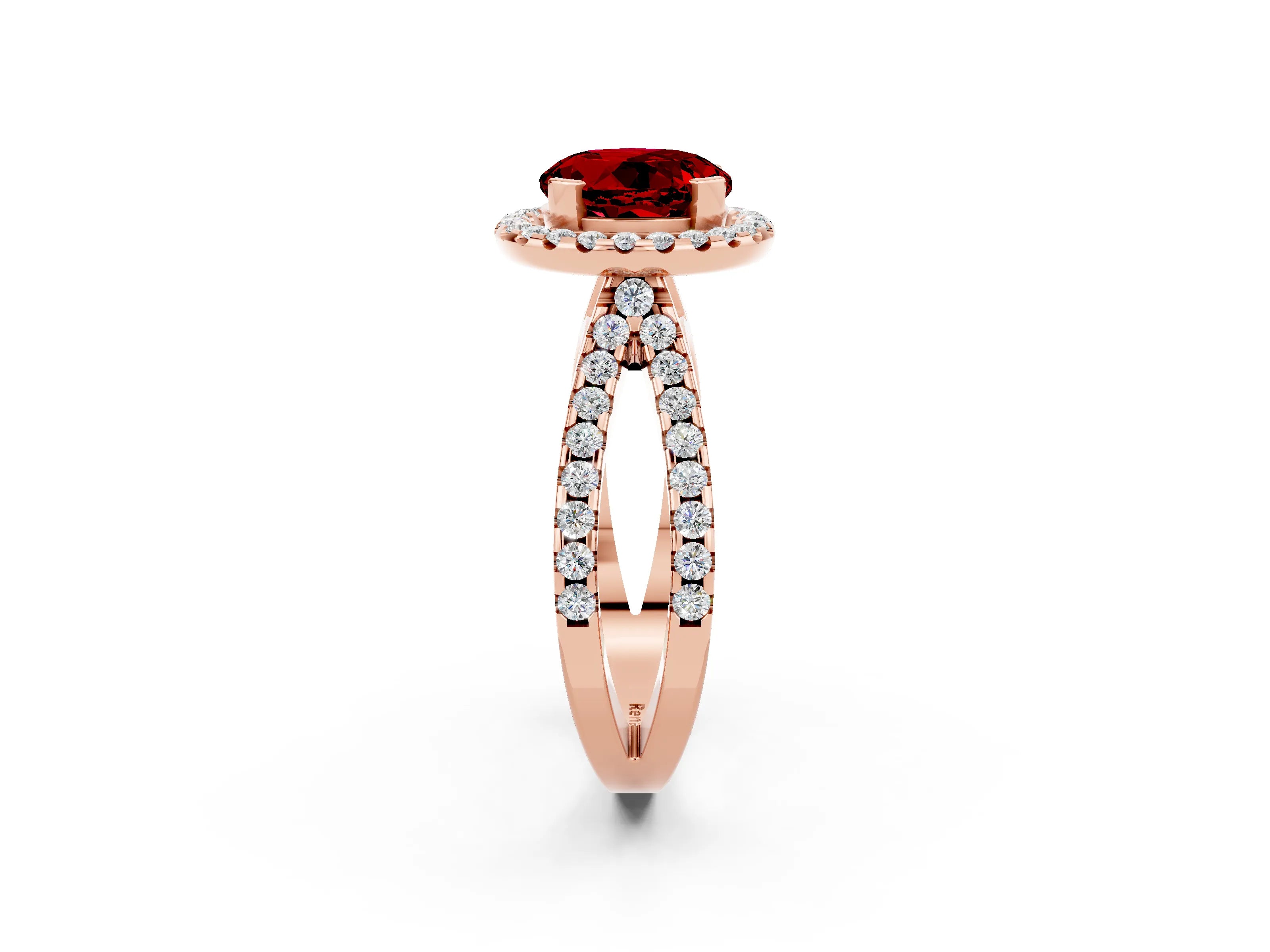 Rose gold Round Cut Ruby Halo Ring with Split Shank Pavé Band and Prong Setting_2
