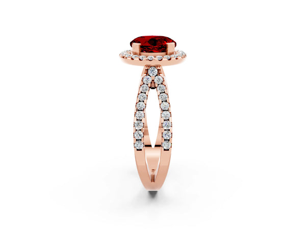 Rose gold Round Cut Ruby Halo Ring with Split Shank Pavé Band and Prong Setting