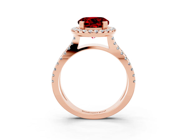 Rose gold Round Cut Ruby Halo Ring with Split Shank Pavé Band and Prong Setting