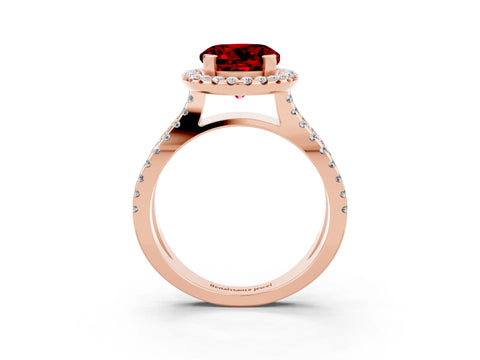 Rose gold Round Cut Ruby Halo Ring with Split Shank Pavé Band and Prong Setting_3
