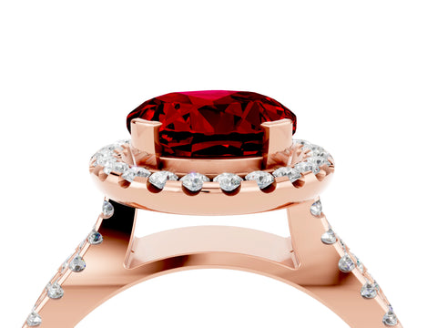 Rose gold Round Cut Ruby Halo Ring with Split Shank Pavé Band and Prong Setting_4