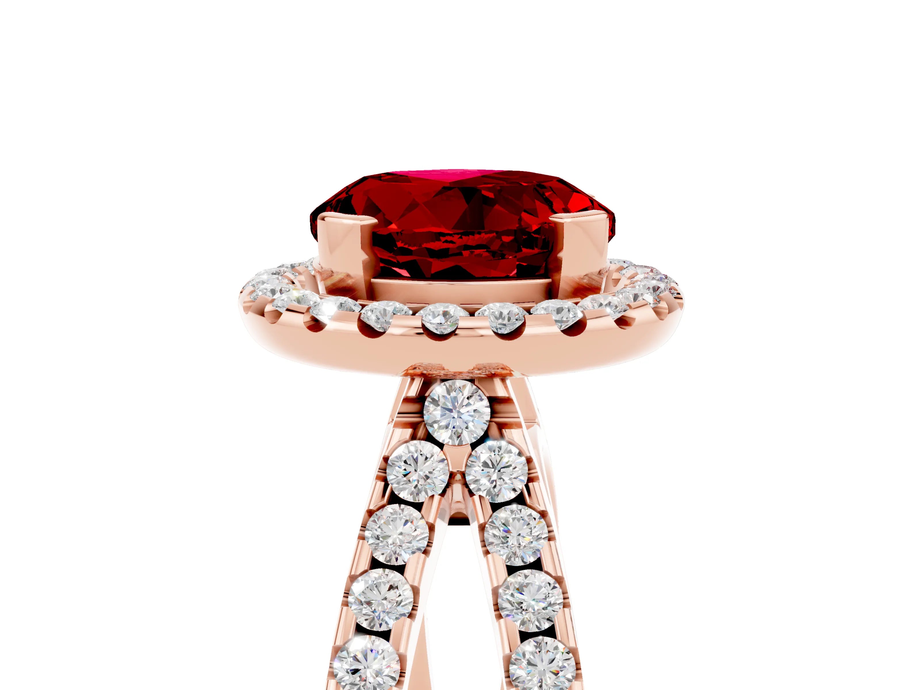 Rose gold Round Cut Ruby Halo Ring with Split Shank Pavé Band and Prong Setting_5