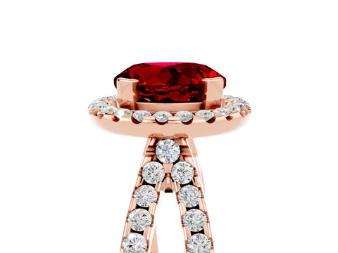 Rose gold Round Cut Ruby Halo Ring with Split Shank Pavé Band and Prong Setting_5