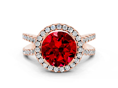 Rose gold Round Cut Ruby Halo Ring with Split Shank Pavé Band and Prong Setting
