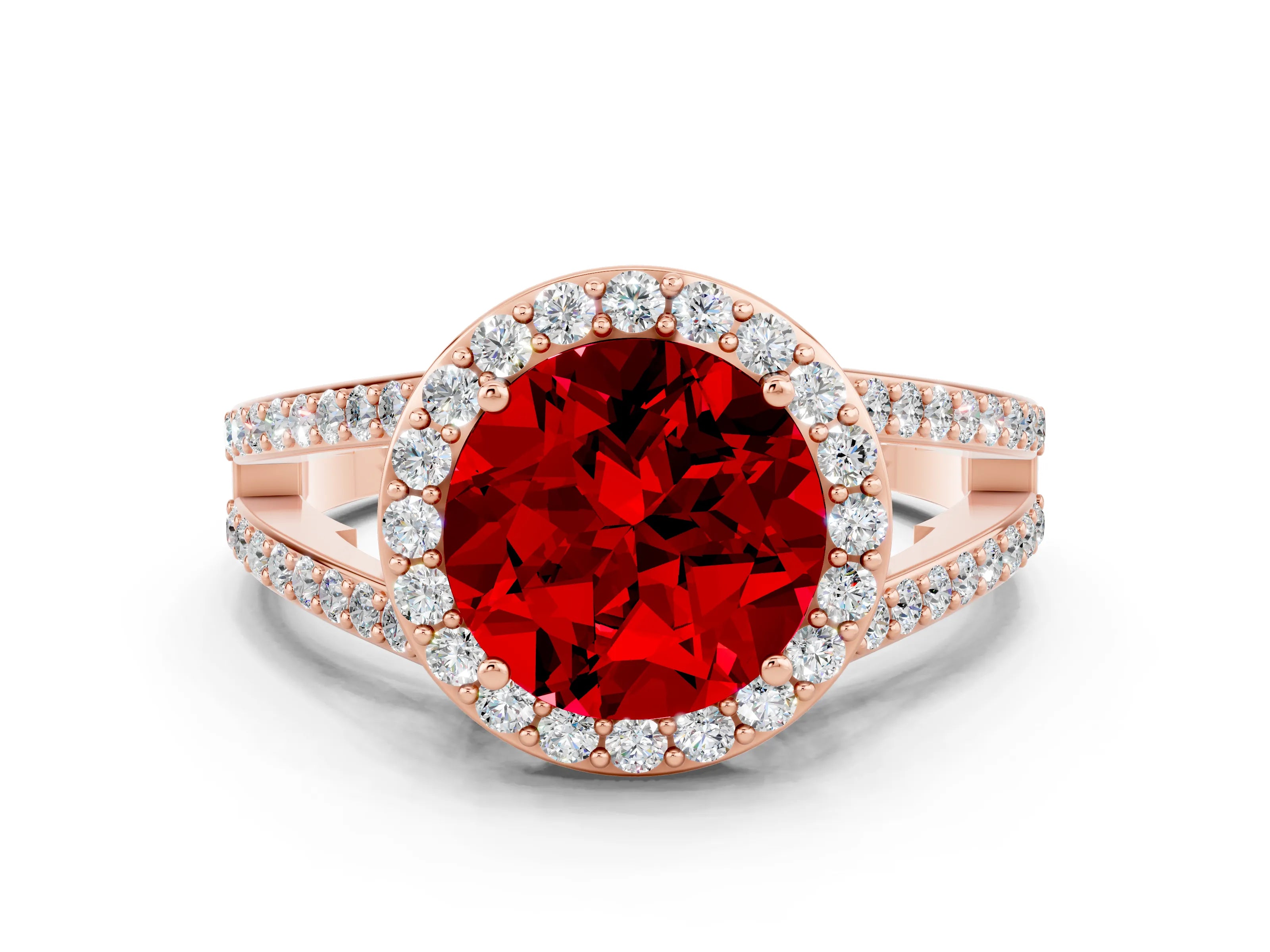 Rose gold Round Cut Ruby Halo Ring with Split Shank U-Prong Band and Four-Prong Setting