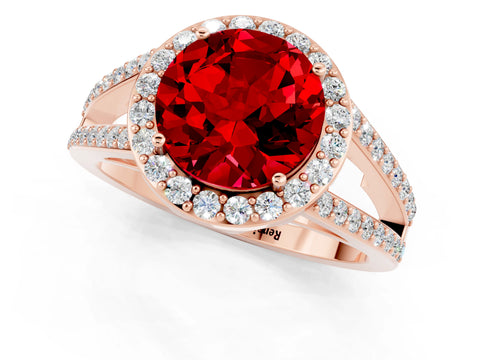 Rose gold Round Cut Ruby Halo Ring with Split Shank U-Prong Band and Four-Prong Setting_1