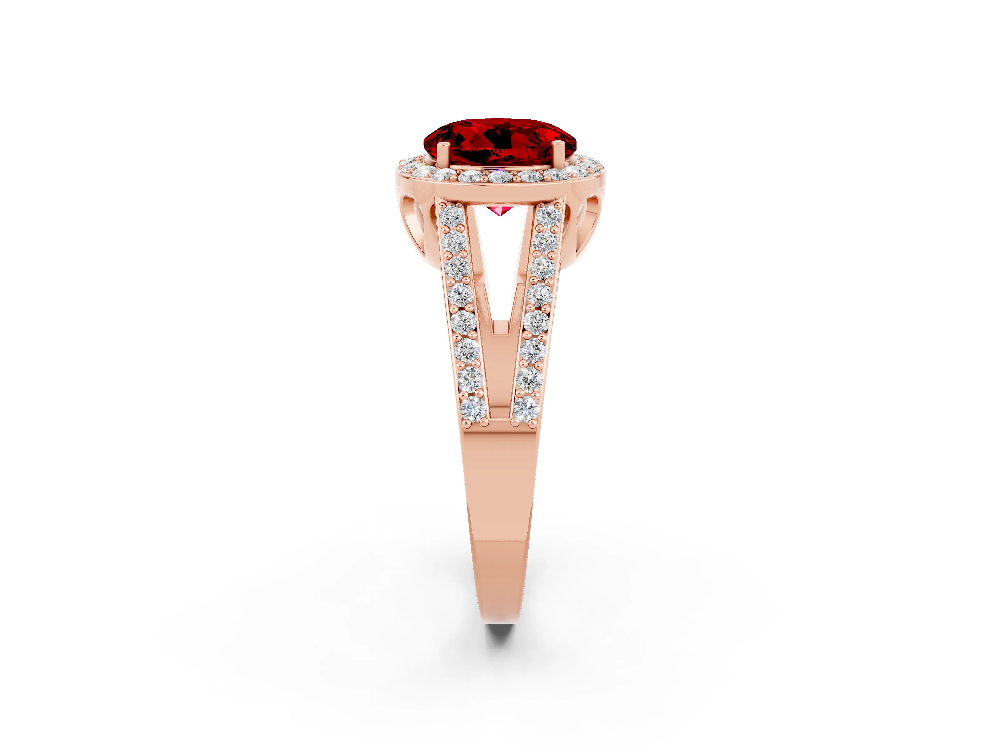Rose gold Round Cut Ruby Halo Ring with Split Shank U-Prong Band and Four-Prong Setting_2