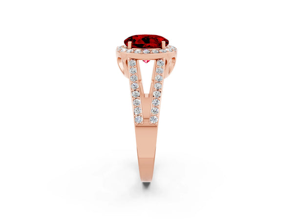 Rose gold Round Cut Ruby Halo Ring with Split Shank U-Prong Band and Four-Prong Setting