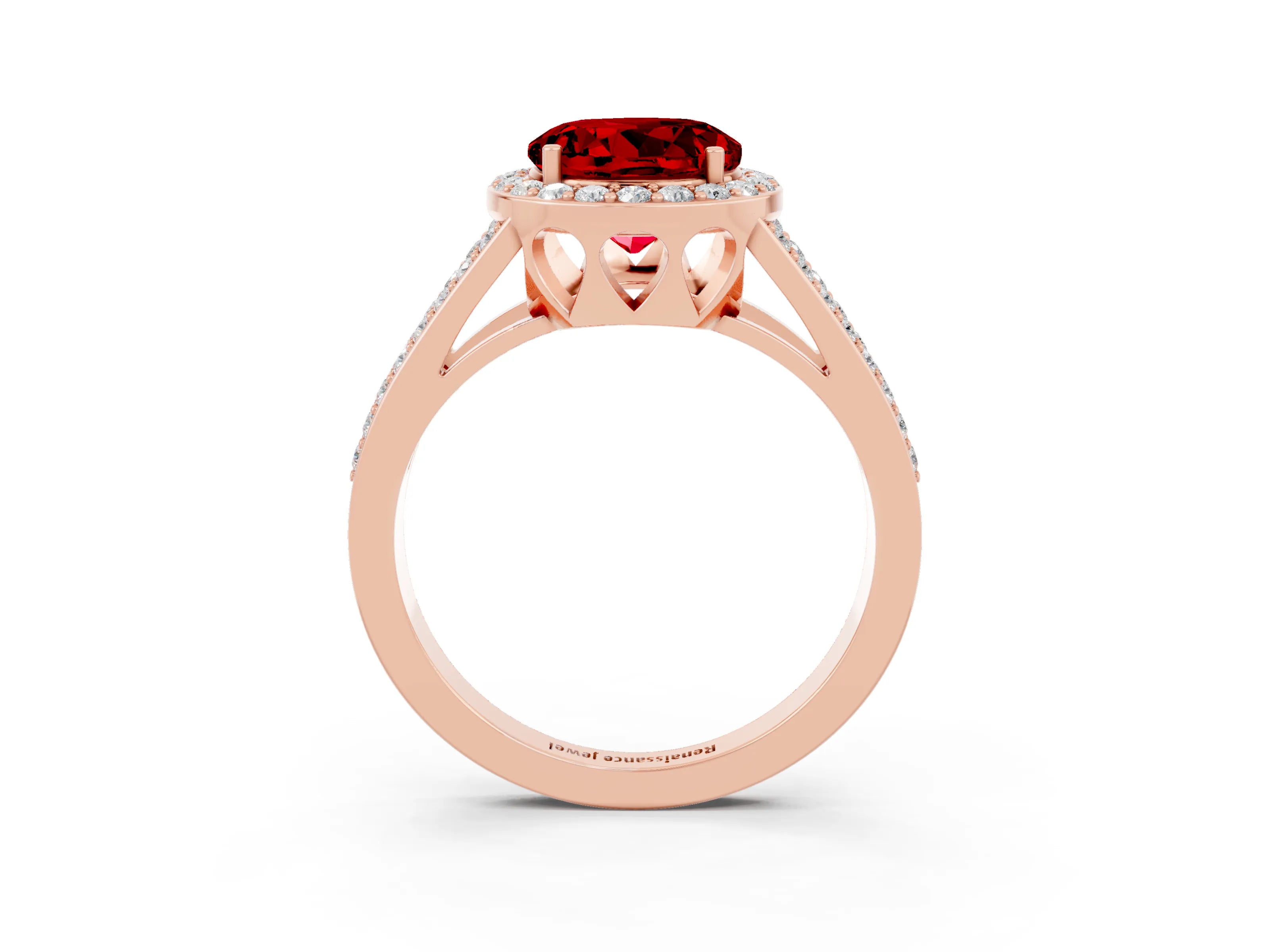 Rose gold Round Cut Ruby Halo Ring with Split Shank U-Prong Band and Four-Prong Setting_3