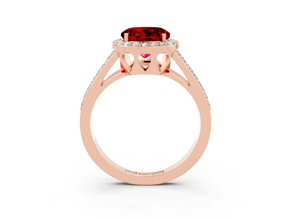 Rose gold Round Cut Ruby Halo Ring with Split Shank U-Prong Band and Four-Prong Setting