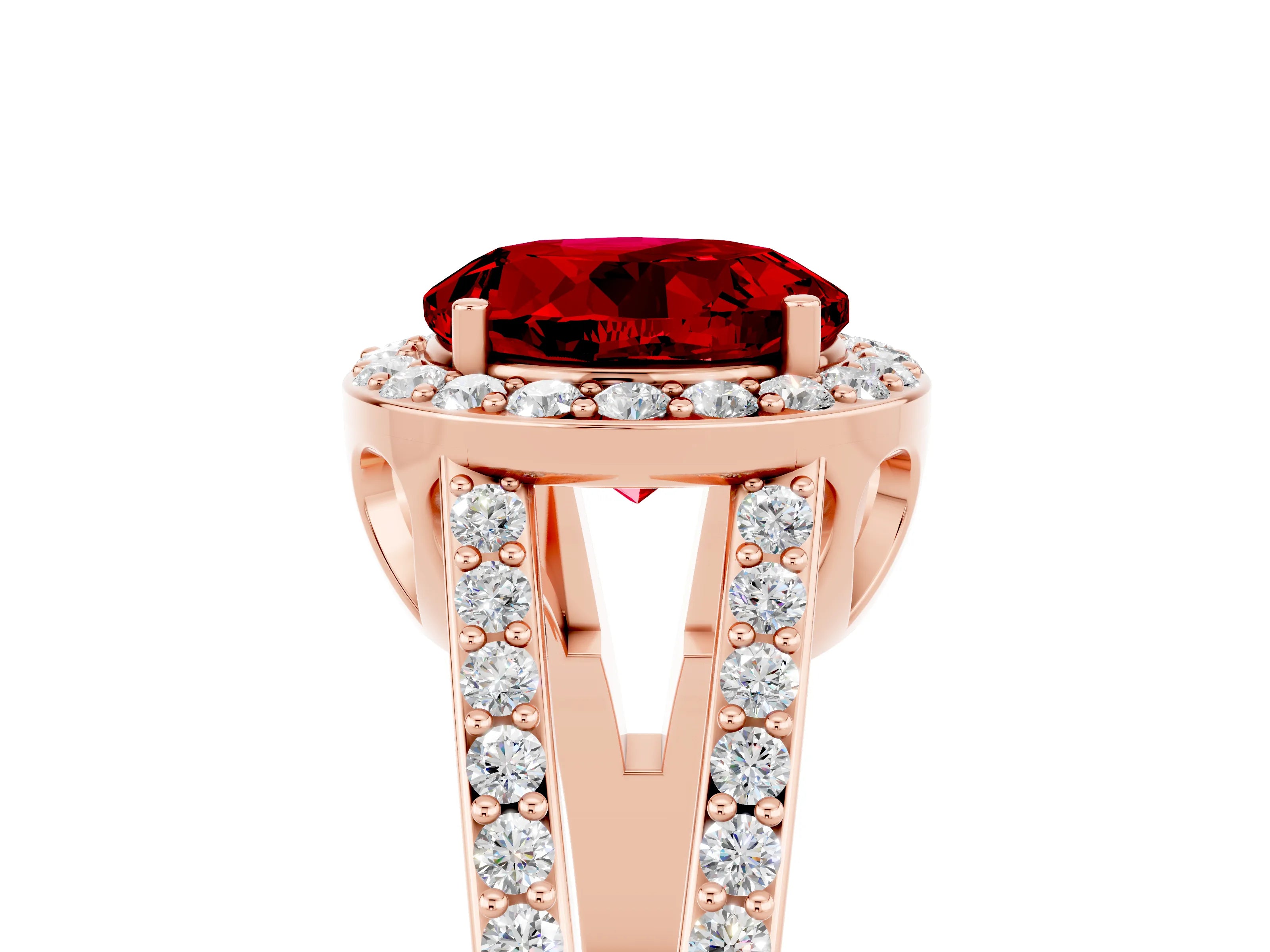 Rose gold Round Cut Ruby Halo Ring with Split Shank U-Prong Band and Four-Prong Setting_5