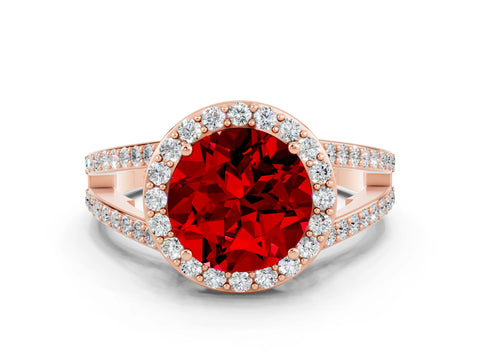 Rose gold Round Cut Ruby Halo Ring with Split Shank U-Prong Band and Four-Prong Setting