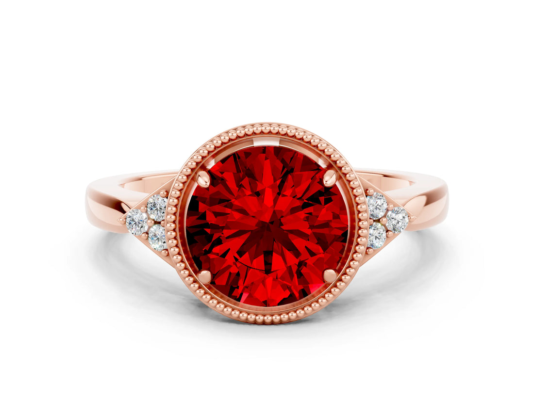 Rose gold Round Cut Ruby Halo Ring with Tapered Band and Four-Prong Setting