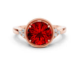 Rose gold Round Cut Ruby Halo Ring with Tapered Band and Four-Prong Setting