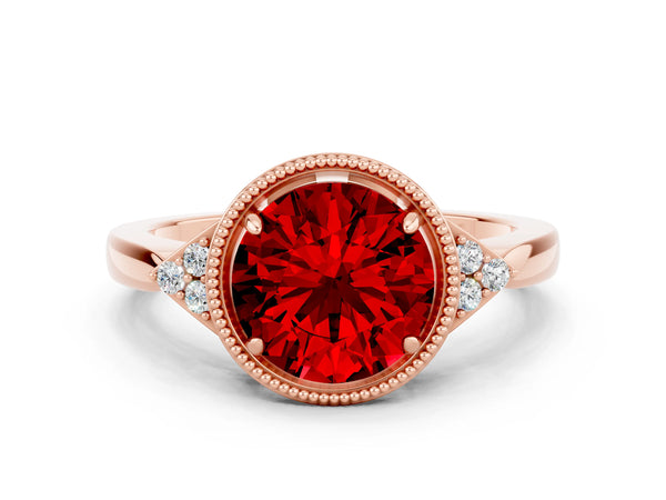 Rose gold Round Cut Ruby Halo Ring with Tapered Band and Four-Prong Setting