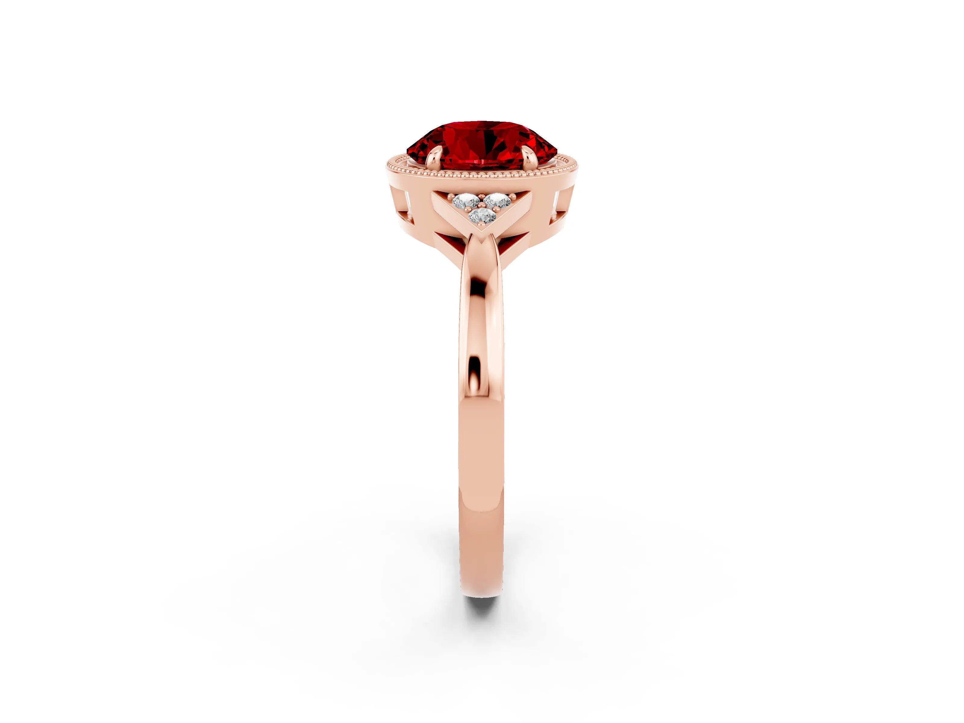 Rose gold Round Cut Ruby Halo Ring with Tapered Band and Four-Prong Setting_2