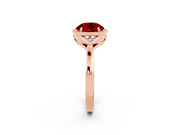 Rose gold Round Cut Ruby Halo Ring with Tapered Band and Four-Prong Setting