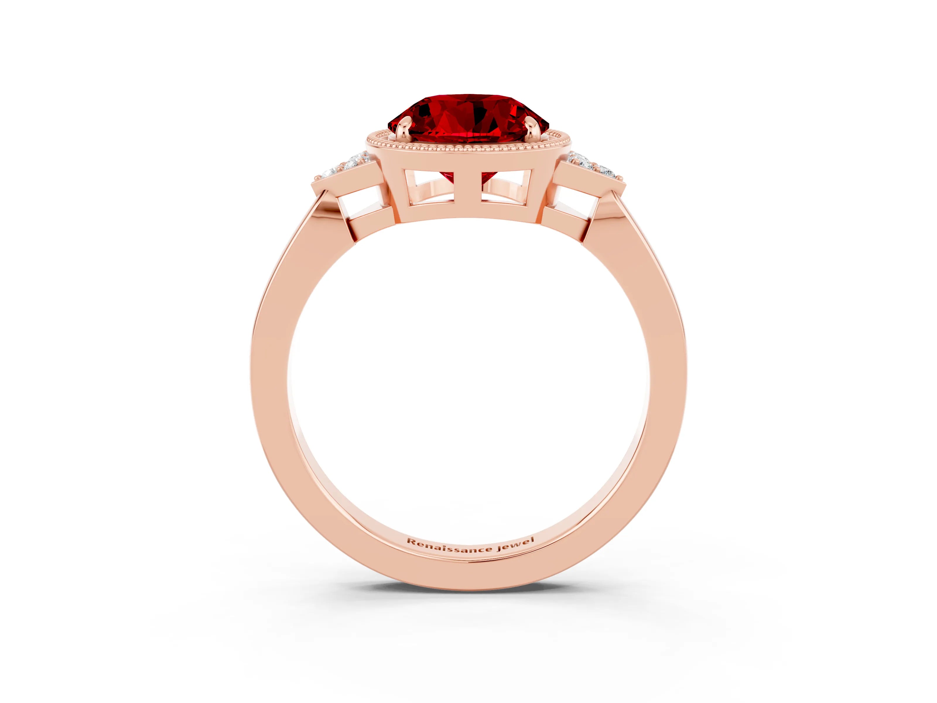 Rose gold Round Cut Ruby Halo Ring with Tapered Band and Four-Prong Setting_3