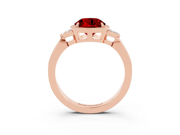 Rose gold Round Cut Ruby Halo Ring with Tapered Band and Four-Prong Setting