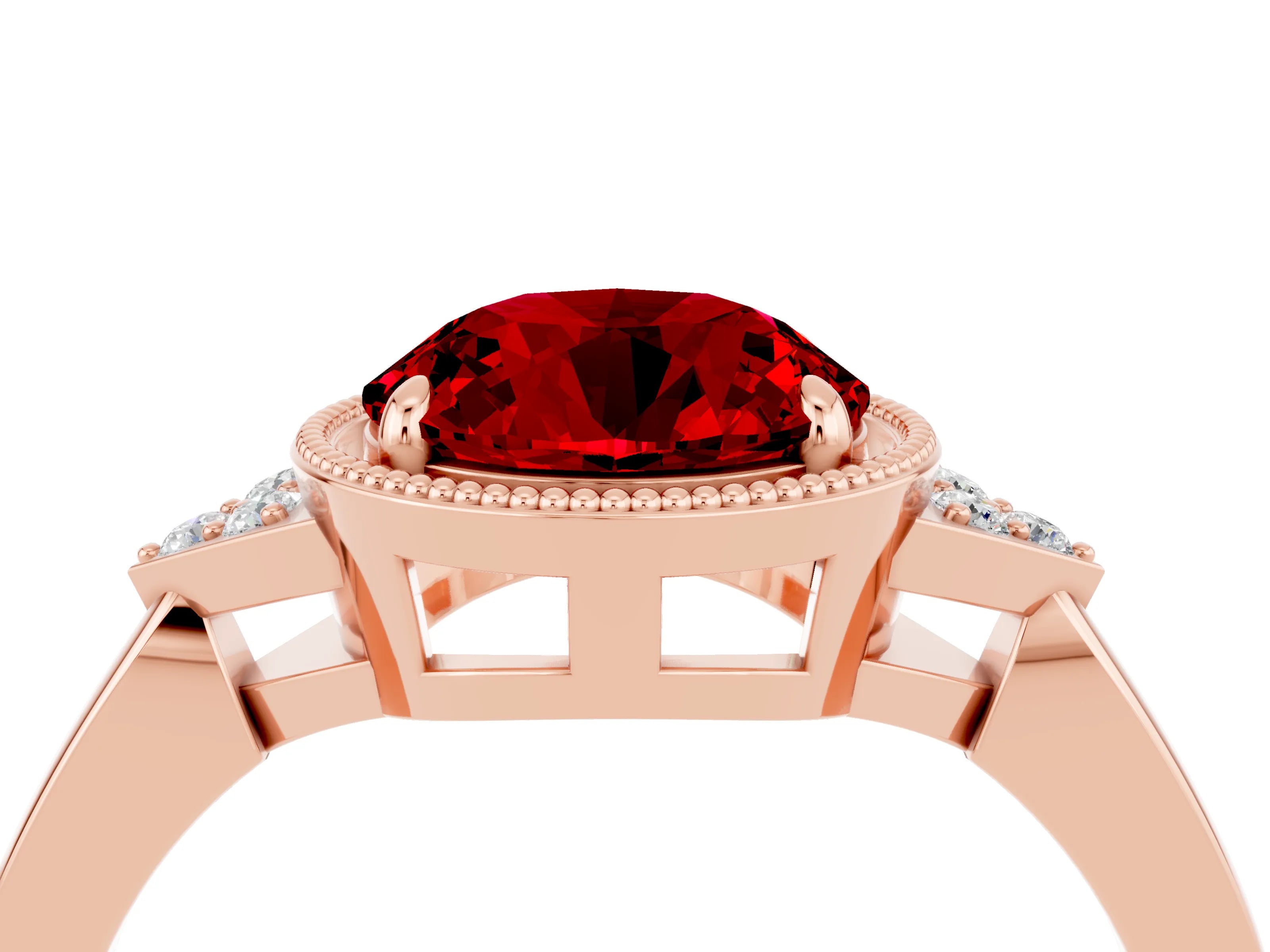Rose gold Round Cut Ruby Halo Ring with Tapered Band and Four-Prong Setting_4
