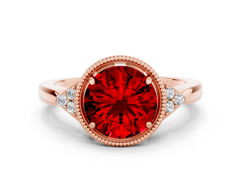 Rose gold Round Cut Ruby Halo Ring with Tapered Band and Four-Prong Setting