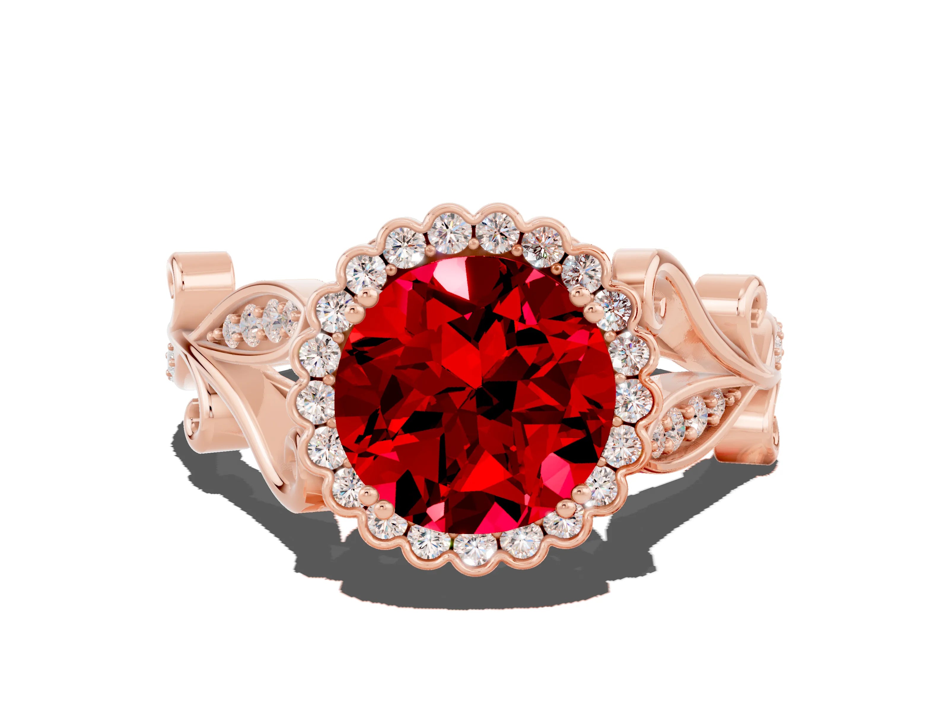 Rose gold Round Cut Ruby Halo Ring with Vintage Split Shank and Four-Prong Setting