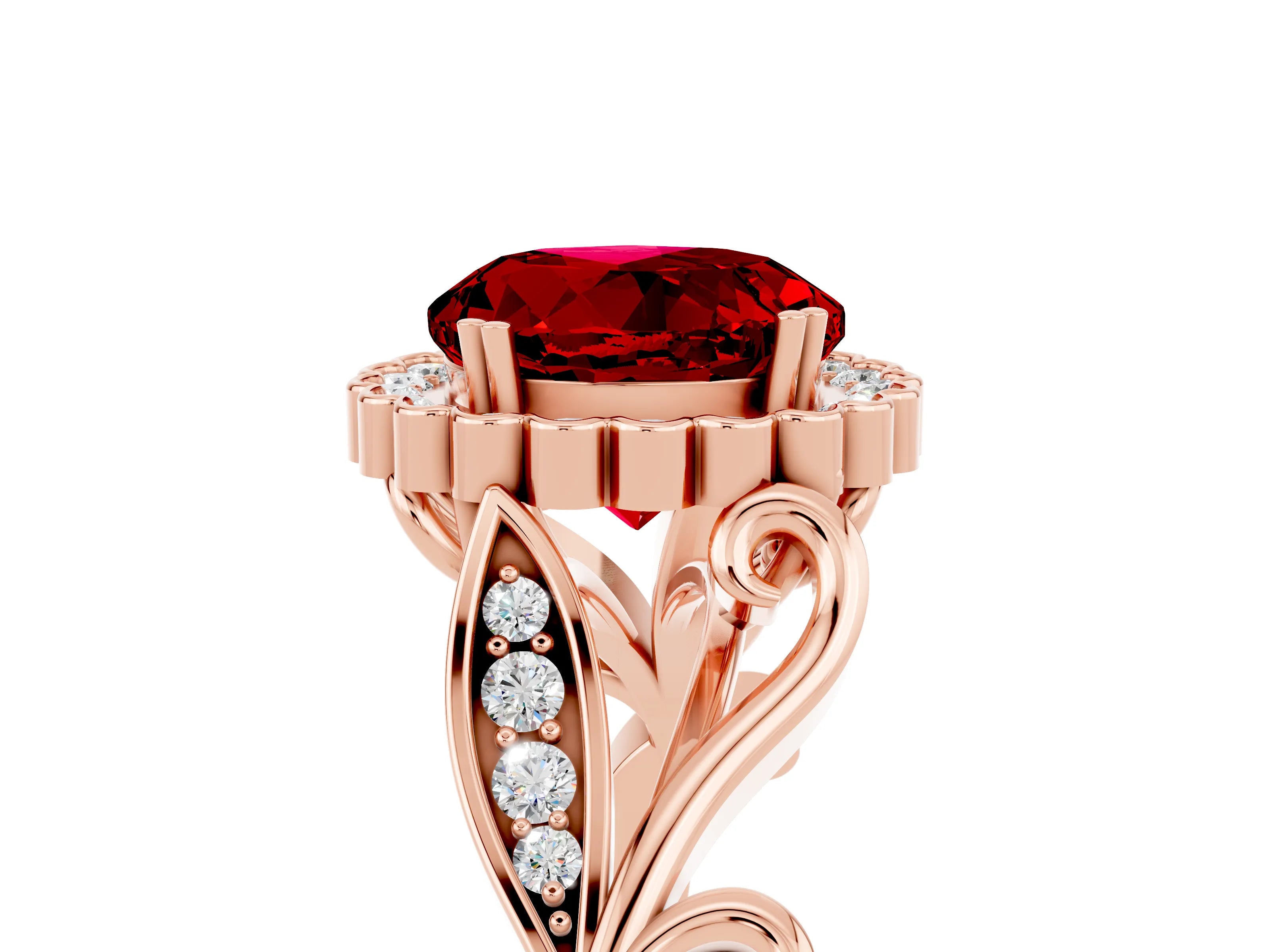 Rose gold Round Cut Ruby Halo Ring with Vintage Split Shank and Four-Prong Setting_11