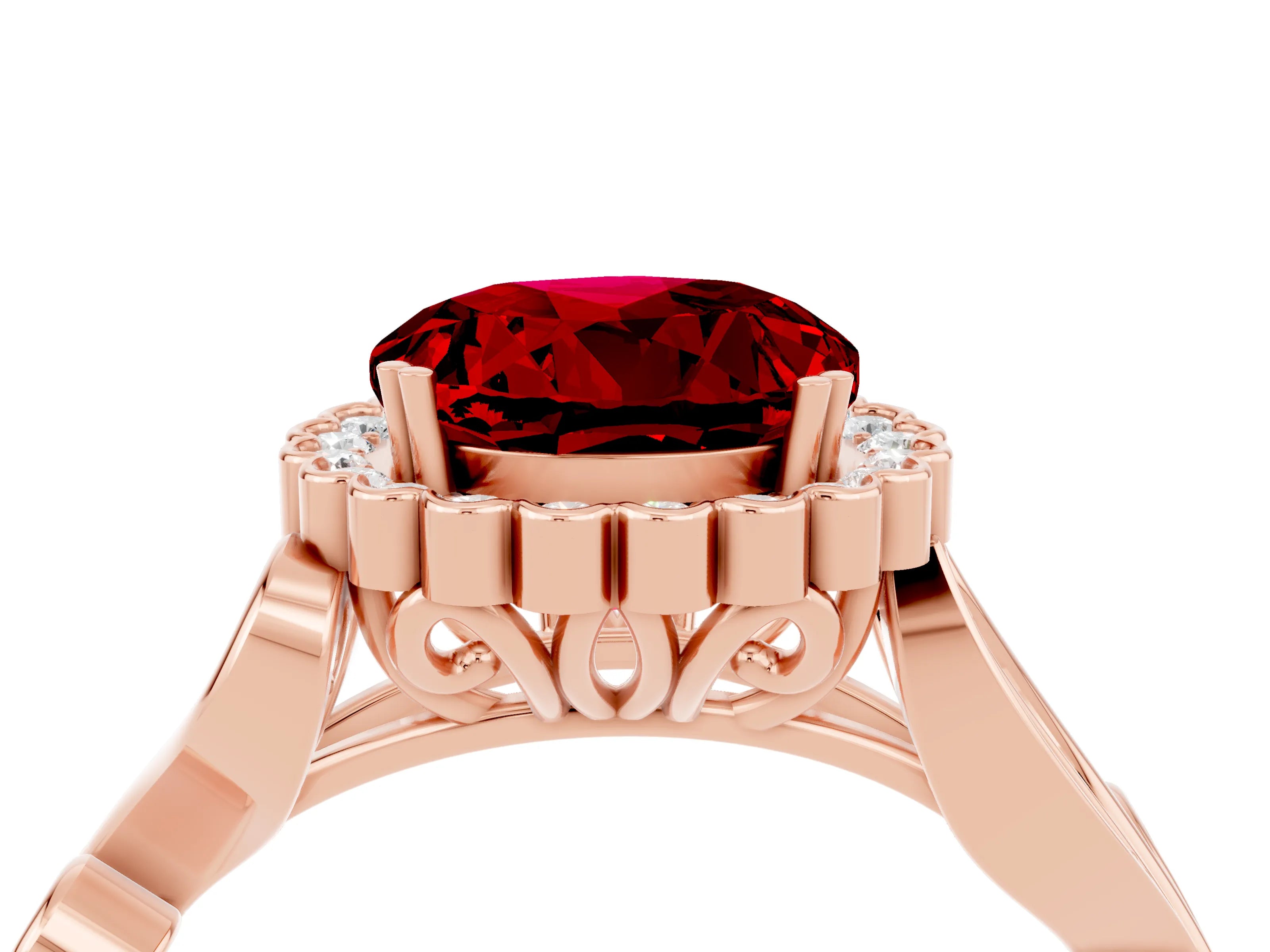 Rose gold Round Cut Ruby Halo Ring with Vintage Split Shank and Four-Prong Setting_4