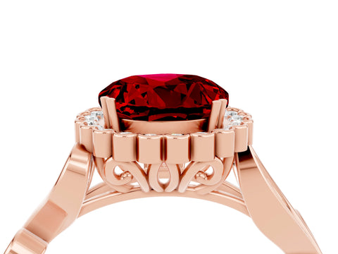 Rose gold Round Cut Ruby Halo Ring with Vintage Split Shank and Four-Prong Setting_4