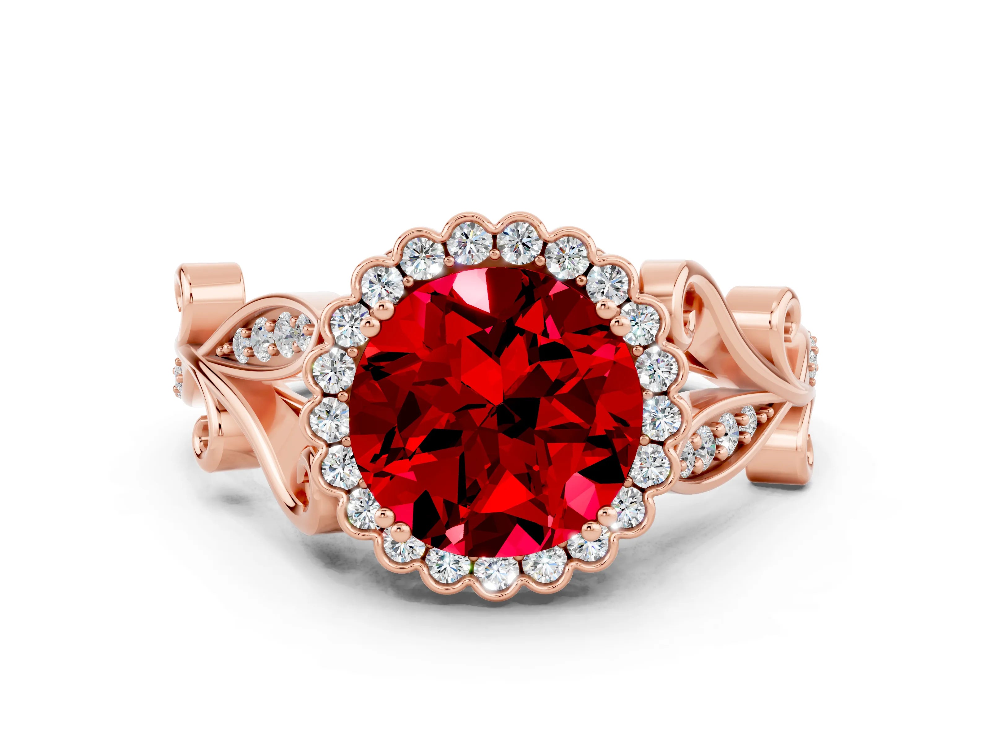 Rose gold Round Cut Ruby Halo Ring with Vintage Split Shank and Four-Prong Setting_6