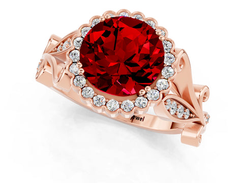 Rose gold Round Cut Ruby Halo Ring with Vintage Split Shank and Four-Prong Setting_7