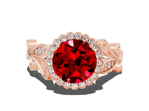 Rose gold Round Cut Ruby Halo Ring with Vintage Split Shank and Four-Prong Setting