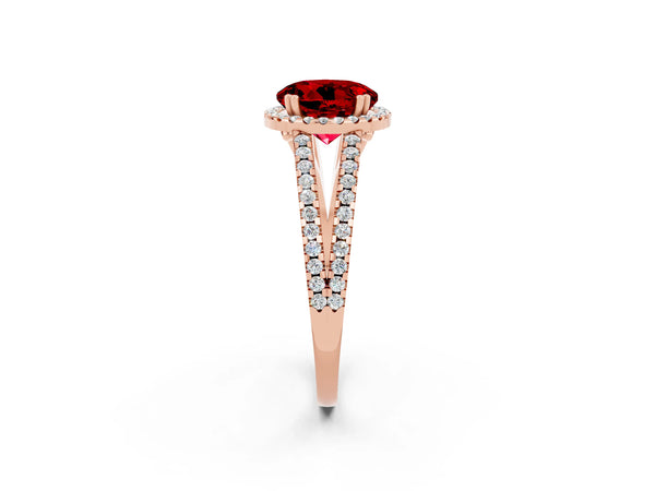 Rose gold Round Cut Ruby Halo Split Shank Engagement Ring