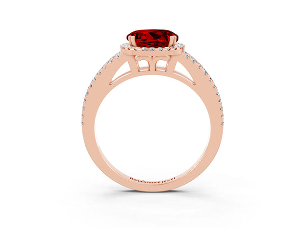 Rose gold Round Cut Ruby Halo Split Shank Engagement Ring