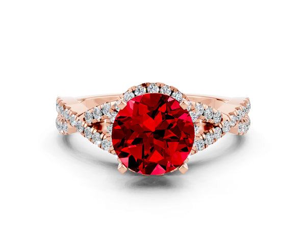 Rose gold Round Cut Ruby  Halo Twist Band Solitaire Prong Setting Ring