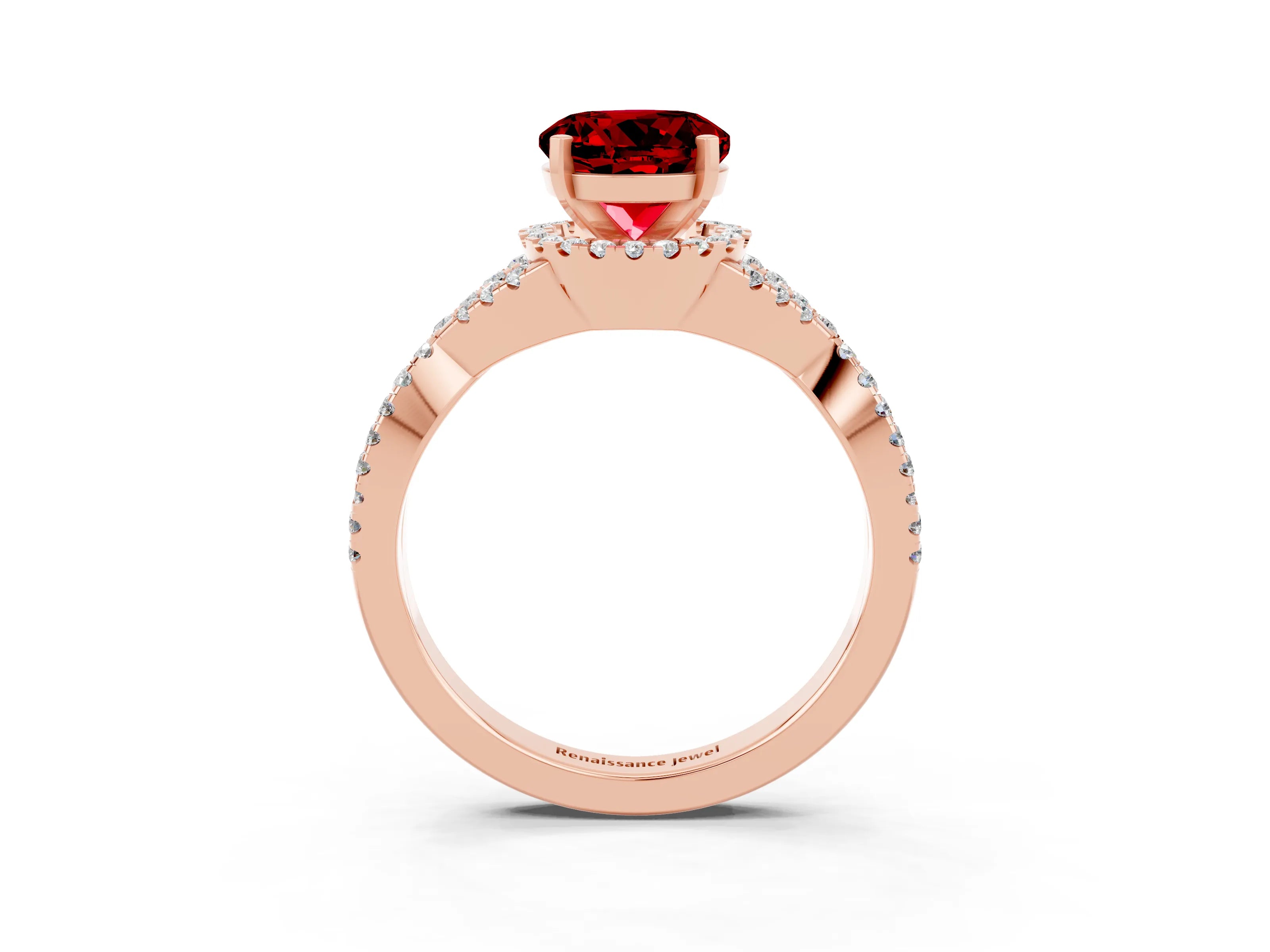 Rose gold Round Cut Ruby Halo Twist Band Solitaire Prong Setting Ring_3