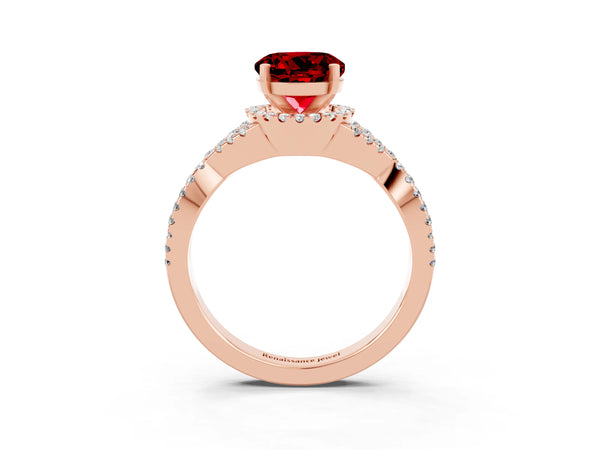 Rose gold Round Cut Ruby  Halo Twist Band Solitaire Prong Setting Ring