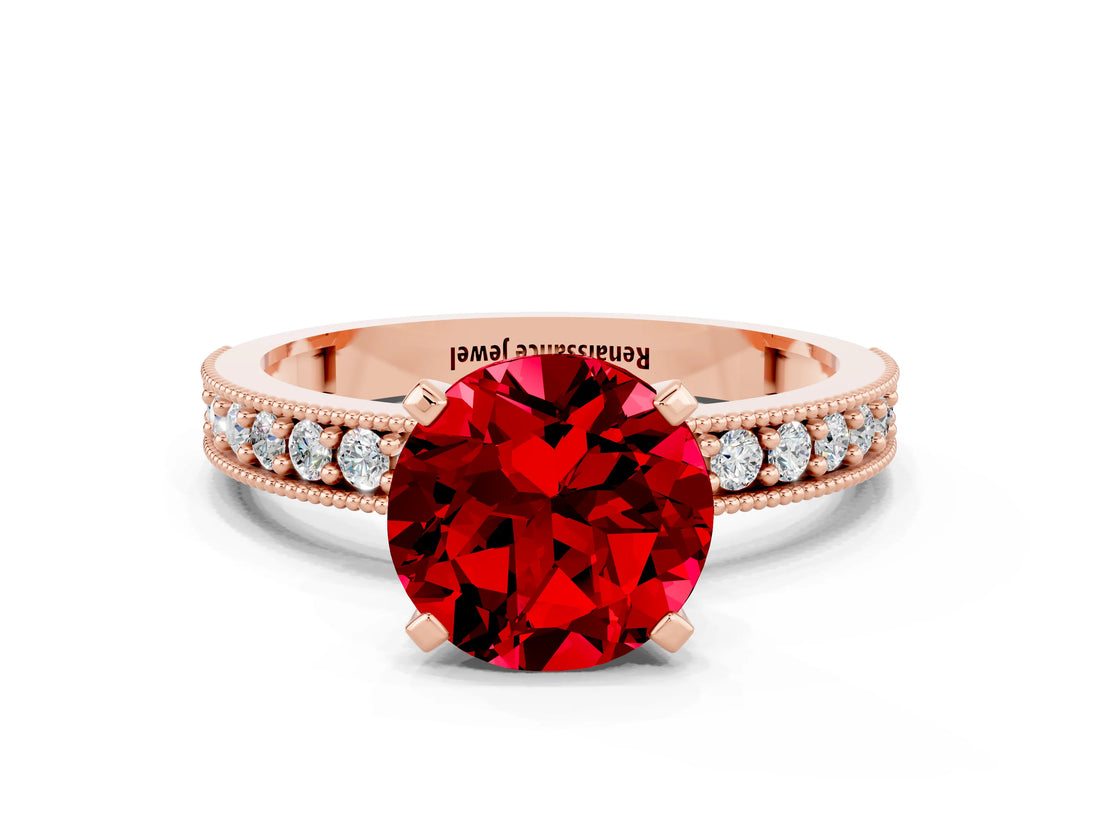 Rose gold Round Cut Ruby Milgrain Pavé Engagement Ring with Four-Prong Setting
