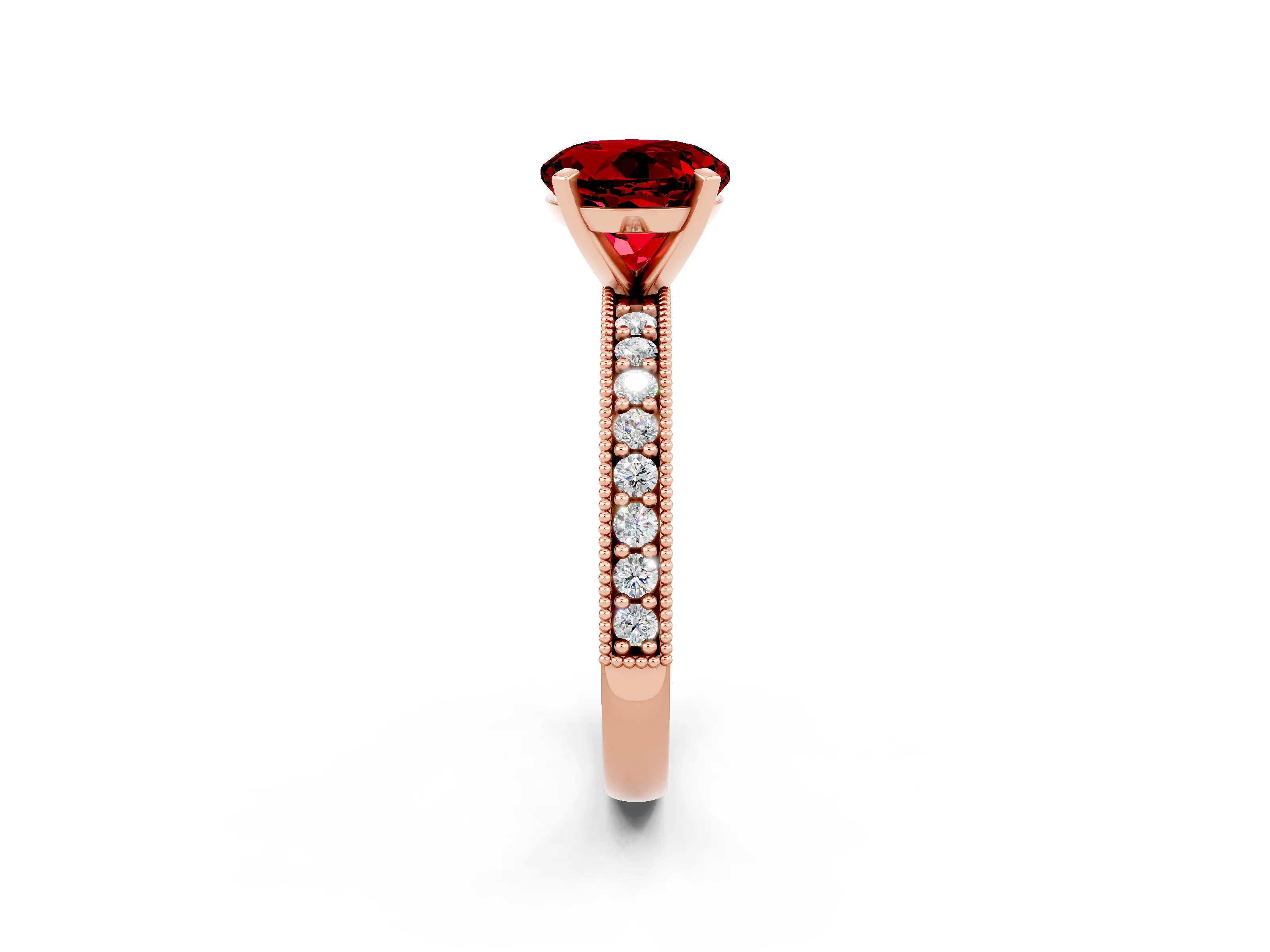 Rose gold Round Cut Ruby Milgrain Pavé Engagement Ring with Four-Prong Setting_2