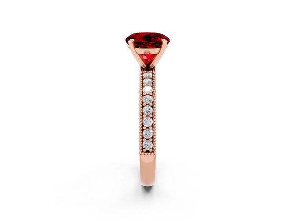 Rose gold Round Cut Ruby Milgrain Pavé Engagement Ring with Four-Prong Setting