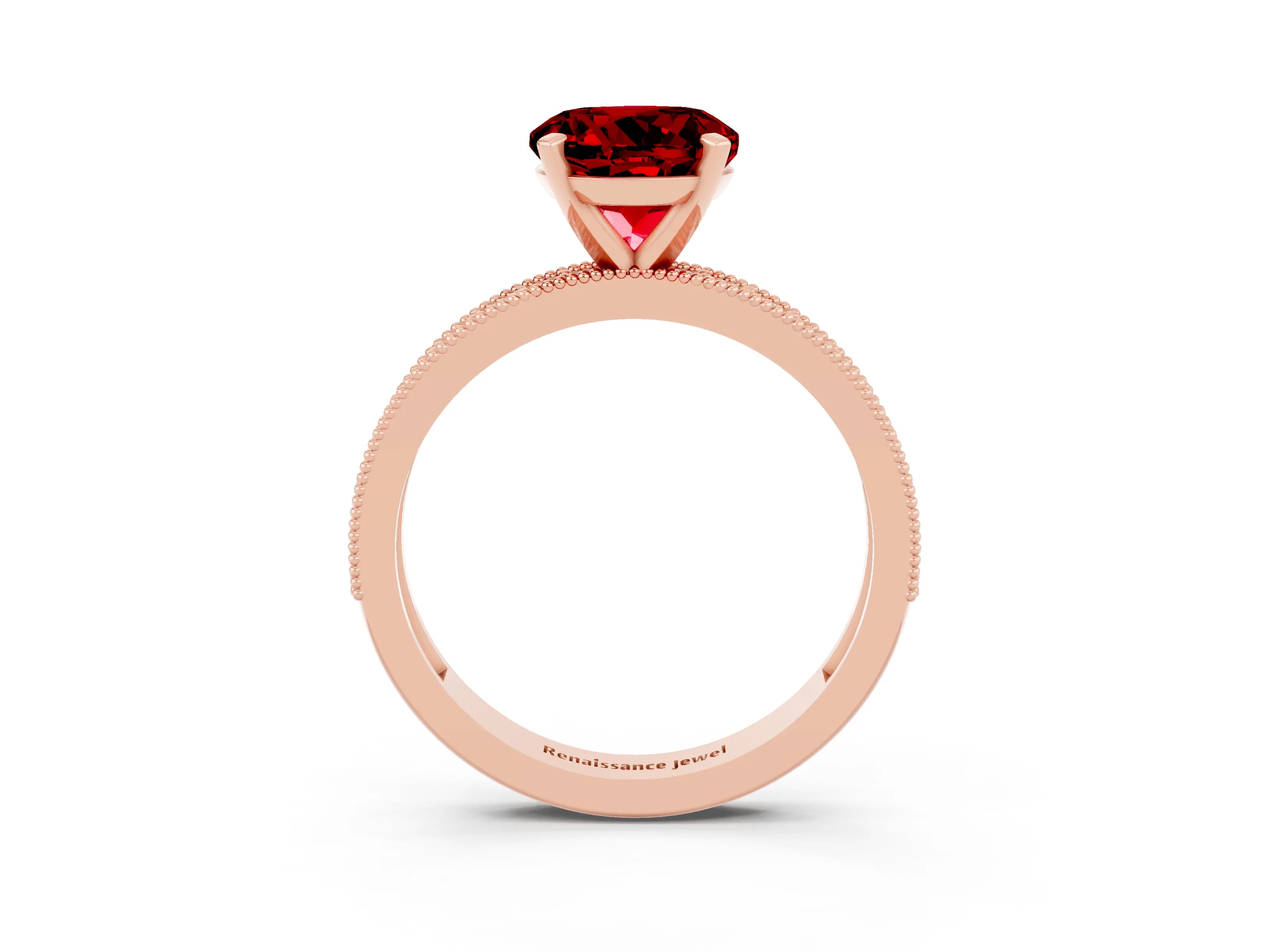 Rose gold Round Cut Ruby Milgrain Pavé Engagement Ring with Four-Prong Setting_3